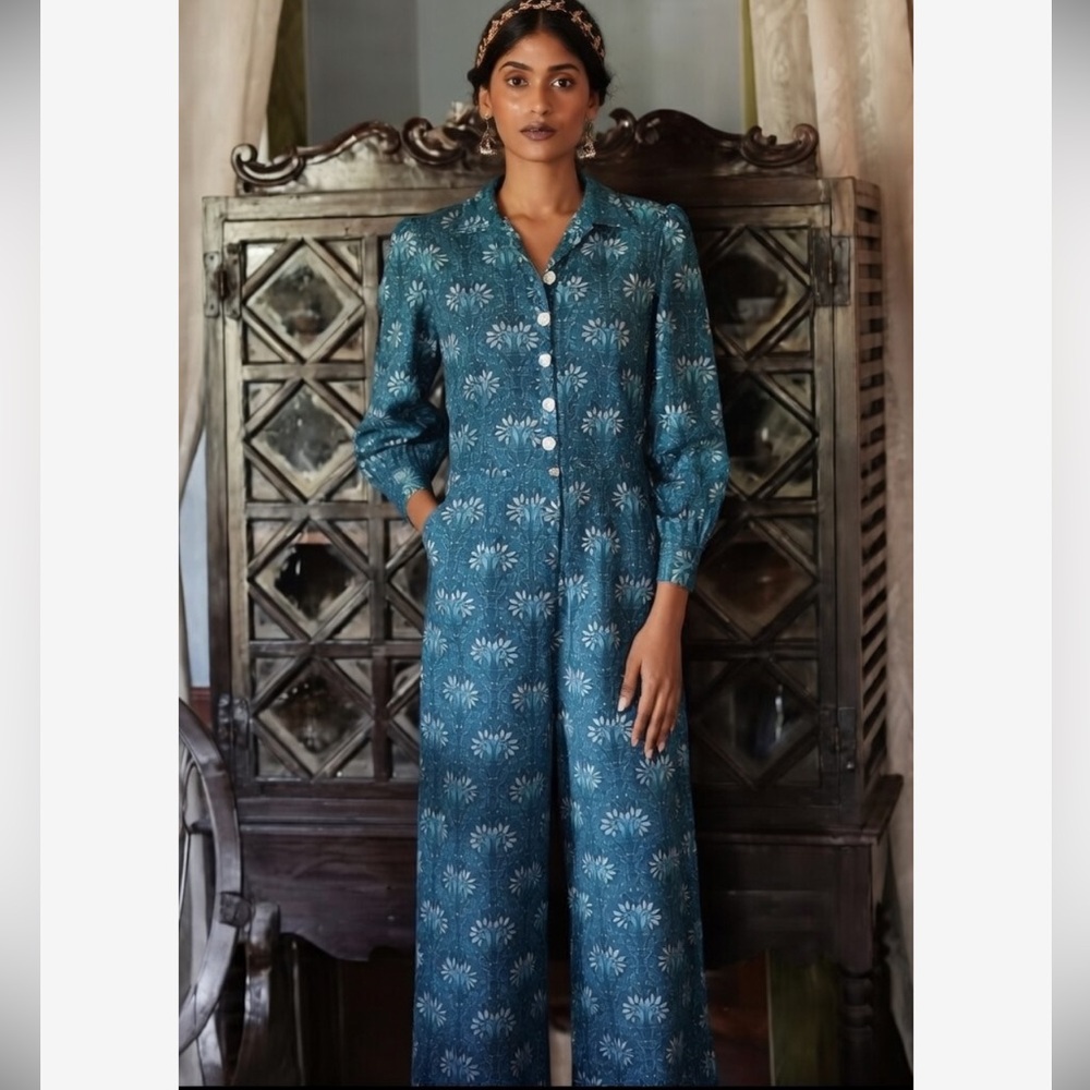 Women's Teal Floral Button-Front Jumpsuit